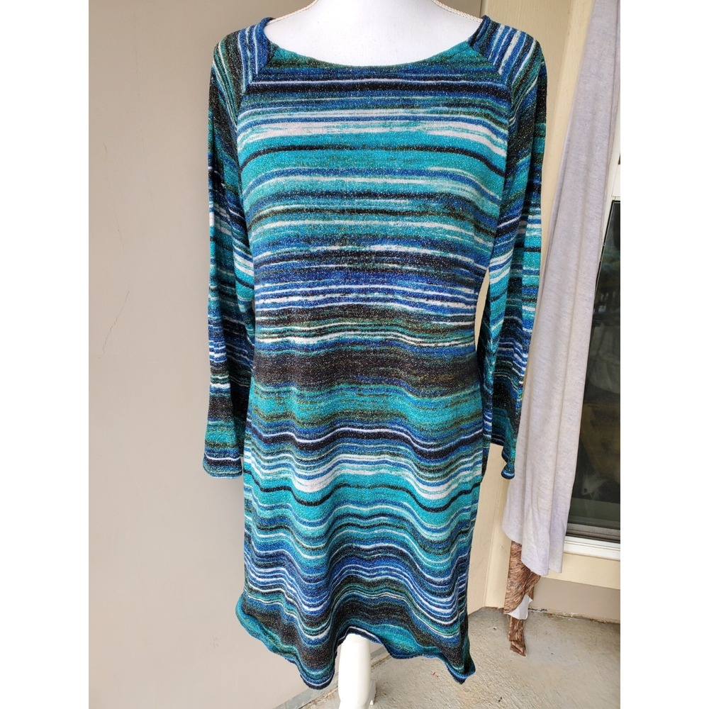 MSK Womens Teal Striped Metallic Knit Long Sleeve Shift Dress Casual Size L